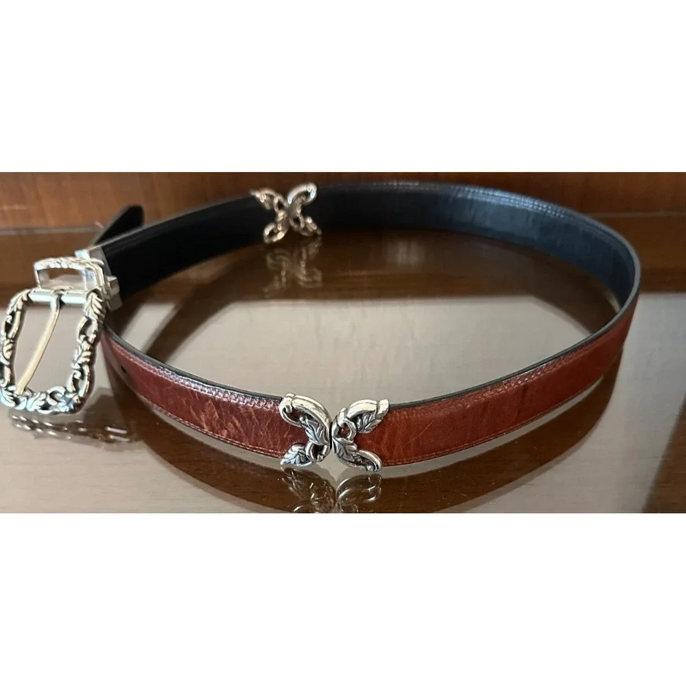 Vintage Women's Black Brown Twist Reversible‎ Belt Silver Buckle C4100 M Size 30
